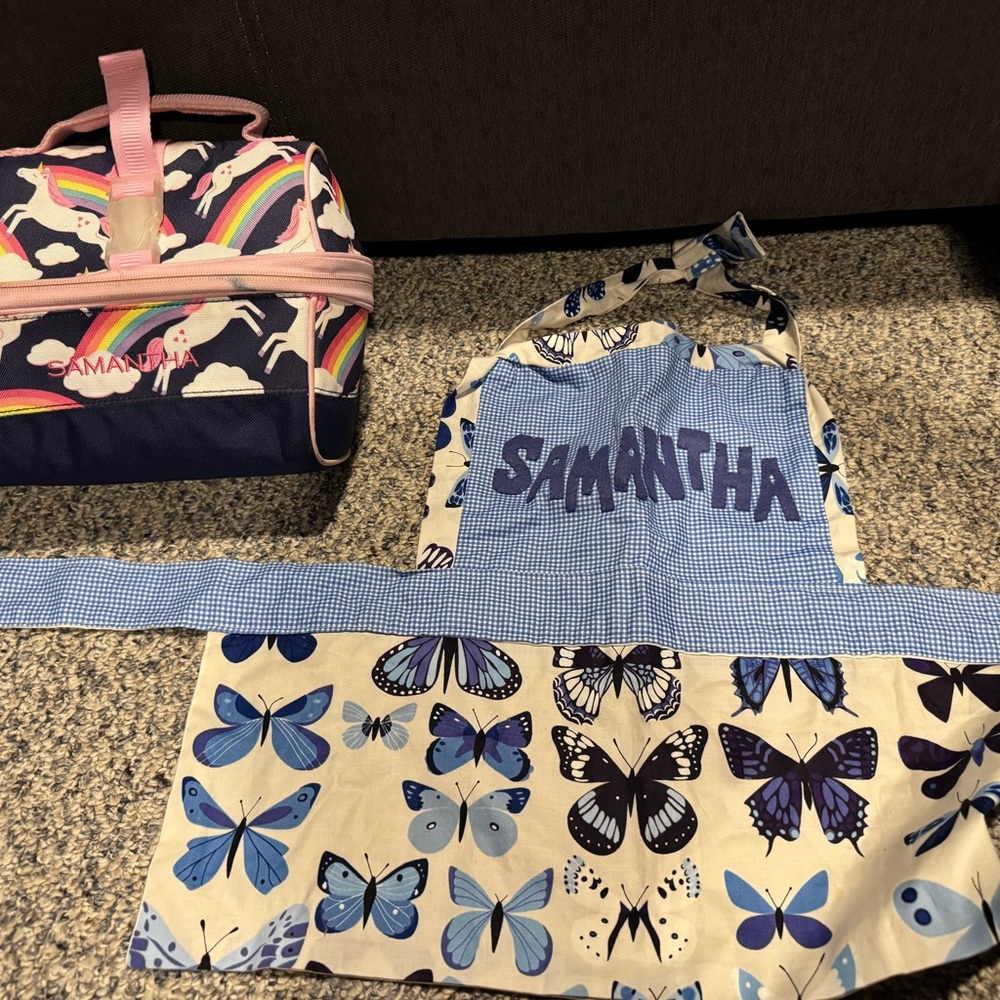 Pottery Barn Kids Blue and Pink Unicorn Bag with butterfly apron
